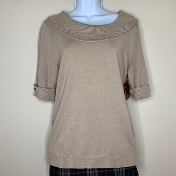 Tradition Women's Cowl Neck Sweater Top 3/4 Length Sleeve Stretch Taupe y2k - Picture 3 of 16